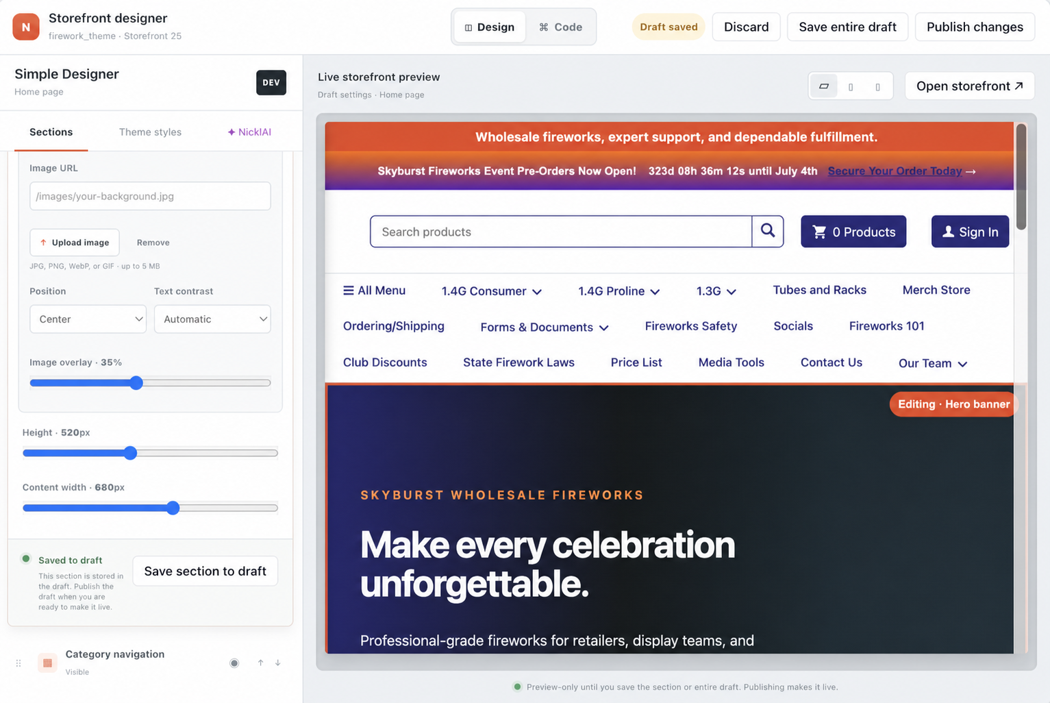 NicklOne storefront designer showing section controls, theme settings and a live Skyburst Fireworks storefront preview
